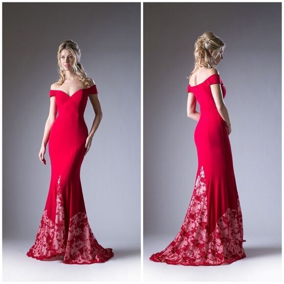 Red Rose Embroidered Lace Mermaid Gown by Cinderella Divine Size 6 - Picture 3 of 14